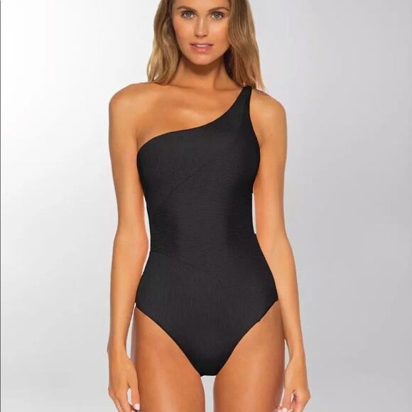 Becca Black Fine Line One Shoulder Swimsuit Sz L - Picture 1 of 5
